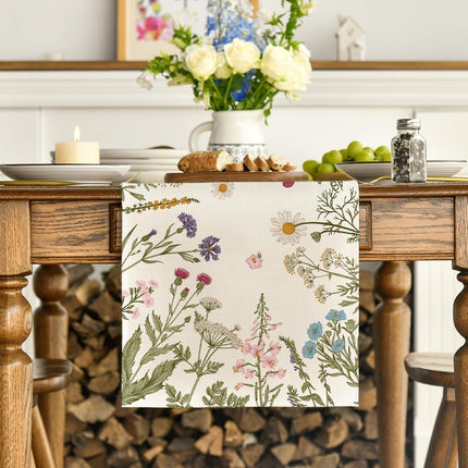 Flowers Spring Table Runner, Seasonal Kitchen Dining Table Decoration for Home Party Decor 13x72 Inch.