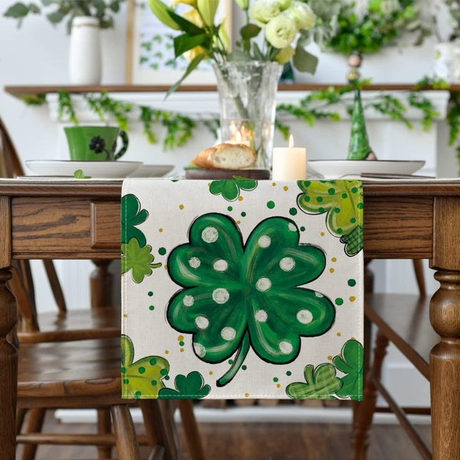 Watercolor Shamrock St. Patrick's Day Table Runner, Seasonal Spring Holiday Kitchen Dining Table Decoration for Indoor Outdoor Home Party Decor 13 x 72 Inch.