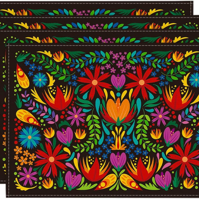 Mexican Cinco De Mayo Placemats for Dining Table, 12 x 18 Inch Floral Fiesta Dia De Los Muertos Decoration Washable Table Mats Set of 4.
