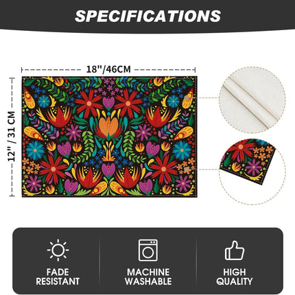 Mexican Cinco De Mayo Placemats for Dining Table, 12 x 18 Inch Floral Fiesta Dia De Los Muertos Decoration Washable Table Mats Set of 4.