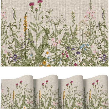 Wildflower Vinyl Placemats Set of 4, Washable Non-Slip Plastic PVC Table Mats for Spring Party Kitchen Dining Decor, 12x18 Inch.