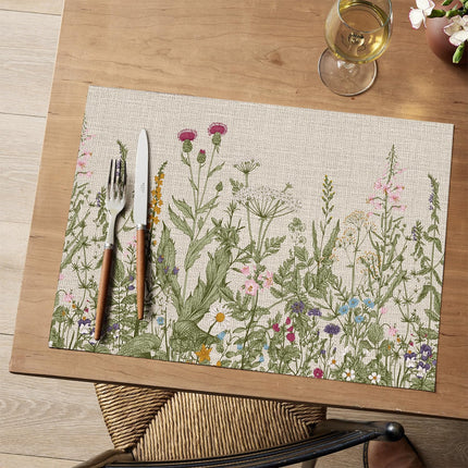 Wildflower Vinyl Placemats Set of 4, Washable Non-Slip Plastic PVC Table Mats for Spring Party Kitchen Dining Decor, 12x18 Inch.