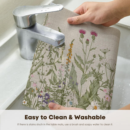 Wildflower Vinyl Placemats Set of 4, Washable Non-Slip Plastic PVC Table Mats for Spring Party Kitchen Dining Decor, 12x18 Inch.
