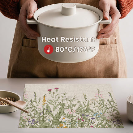 Wildflower Vinyl Placemats Set of 4, Washable Non-Slip Plastic PVC Table Mats for Spring Party Kitchen Dining Decor, 12x18 Inch.
