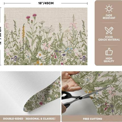 Wildflower Vinyl Placemats Set of 4, Washable Non-Slip Plastic PVC Table Mats for Spring Party Kitchen Dining Decor, 12x18 Inch.