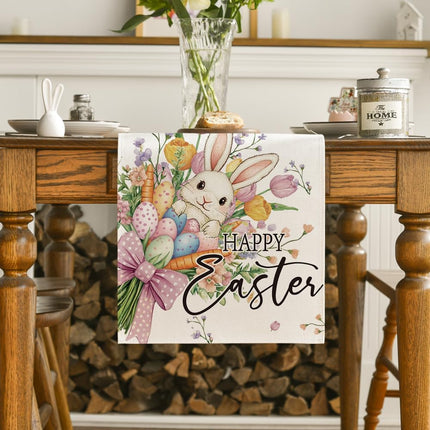 Bow Bunny Eggs Happy Easter Table Runner,Seasonal Spring Flowers Carrots Kitchen Dining Table Decoration for Home Party Decor 13x72 Inch.