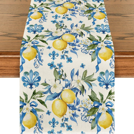 Blue Lemon Iris Summer Table Runner, Seasonal Spring Kitchen Dining Table Decor for Home Party Decor 13x72 Inch.