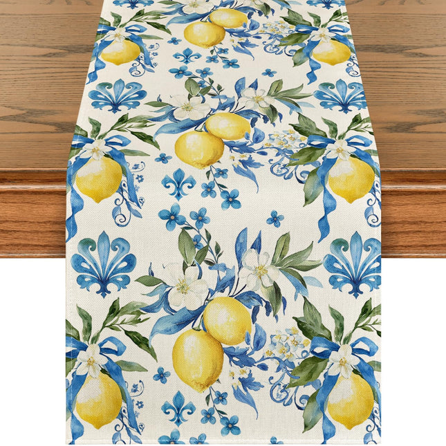Blue Lemon Iris Summer Table Runner, Seasonal Spring Kitchen Dining Table Decor for Home Party Decor 13x72 Inch.