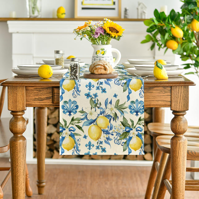 Blue Lemon Iris Summer Table Runner, Seasonal Spring Kitchen Dining Table Decor for Home Party Decor 13x72 Inch.