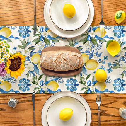 Blue Lemon Iris Summer Table Runner, Seasonal Spring Kitchen Dining Table Decor for Home Party Decor 13x72 Inch.