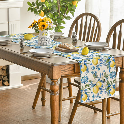 Blue Lemon Iris Summer Table Runner, Seasonal Spring Kitchen Dining Table Decor for Home Party Decor 13x72 Inch.