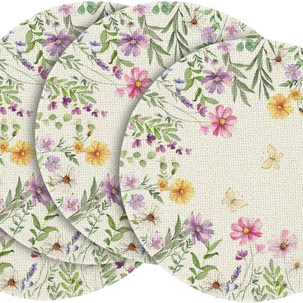 Floral Butterfly Summer Round Placemats Set of 4, 14 Inch Seasonal Spring Placemats for Party Kitchen Dining Summer Decoration.