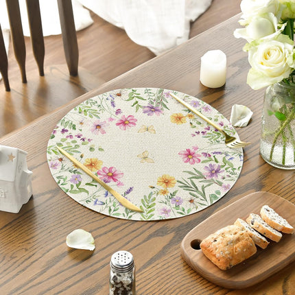 Floral Butterfly Summer Round Placemats Set of 4, 14 Inch Seasonal Spring Placemats for Party Kitchen Dining Summer Decoration.
