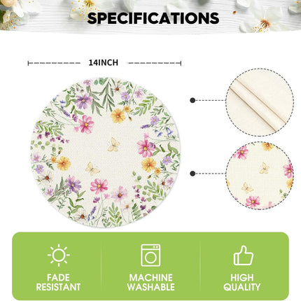 Floral Butterfly Summer Round Placemats Set of 4, 14 Inch Seasonal Spring Placemats for Party Kitchen Dining Summer Decoration.