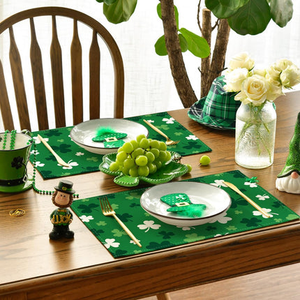 Green Shamrock St. Patrick's Day Placemats Set of 4, 12x18 Inch Seasonal Spring Table Mats for Party Kitchen Dining Decoration.