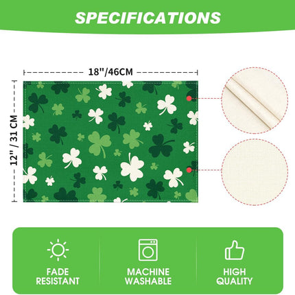Green Shamrock St. Patrick's Day Placemats Set of 4, 12x18 Inch Seasonal Spring Table Mats for Party Kitchen Dining Decoration.