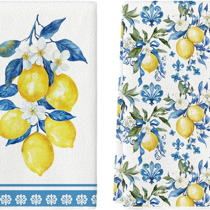 Lemon Flowers Floral Summer Kitchen Towels Dish Towels, 18x26 Inch Seasonal Decoration Hand Towels Set of 2.