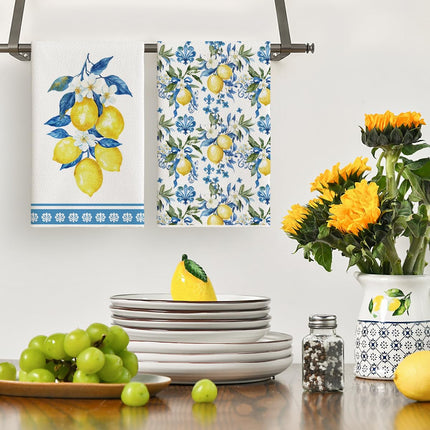 Lemon Flowers Floral Summer Kitchen Towels Dish Towels, 18x26 Inch Seasonal Decoration Hand Towels Set of 2.
