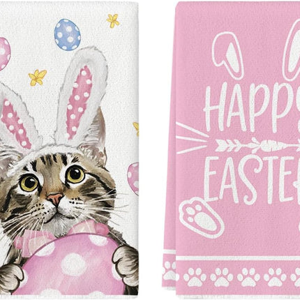 Pink Rabbit Ears Cat Eggs Happy Easter Kitchen Towels Dish Towels, 18x26 Inch Spring Summer Holiday Decoration Hand Towels Set of 2.