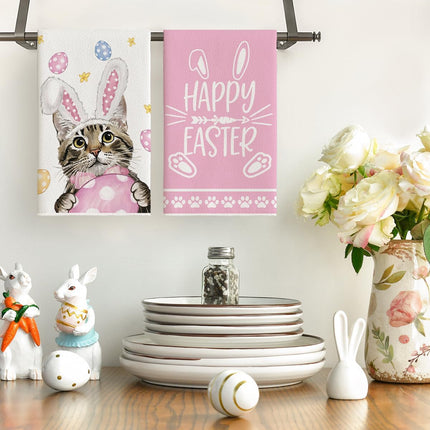 Pink Rabbit Ears Cat Eggs Happy Easter Kitchen Towels Dish Towels, 18x26 Inch Spring Summer Holiday Decoration Hand Towels Set of 2.