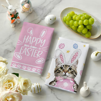 Pink Rabbit Ears Cat Eggs Happy Easter Kitchen Towels Dish Towels, 18x26 Inch Spring Summer Holiday Decoration Hand Towels Set of 2.