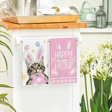 Pink Rabbit Ears Cat Eggs Happy Easter Kitchen Towels Dish Towels, 18x26 Inch Spring Summer Holiday Decoration Hand Towels Set of 2.