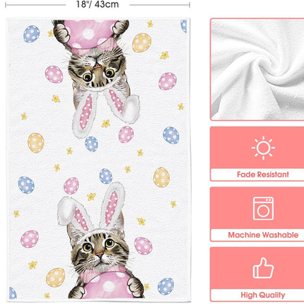 Pink Rabbit Ears Cat Eggs Happy Easter Kitchen Towels Dish Towels, 18x26 Inch Spring Summer Holiday Decoration Hand Towels Set of 2.