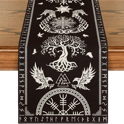 Black Viking Tree of Life Raven Helmet of Awe Table Runner, Seasonal Kitchen Dining Table Decoration for Home Party Decor 13x72 Inch.