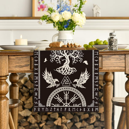 Black Viking Tree of Life Raven Helmet of Awe Table Runner, Seasonal Kitchen Dining Table Decoration for Home Party Decor 13x72 Inch.