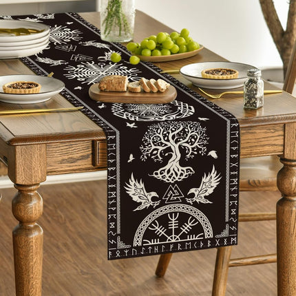 Black Viking Tree of Life Raven Helmet of Awe Table Runner, Seasonal Kitchen Dining Table Decoration for Home Party Decor 13x72 Inch.
