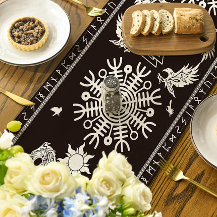 Black Viking Tree of Life Raven Helmet of Awe Table Runner, Seasonal Kitchen Dining Table Decoration for Home Party Decor 13x72 Inch.