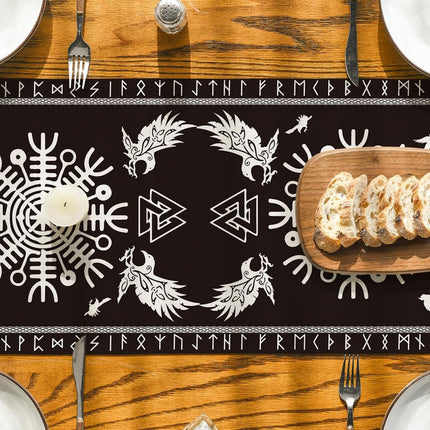 Black Viking Tree of Life Raven Helmet of Awe Table Runner, Seasonal Kitchen Dining Table Decoration for Home Party Decor 13x72 Inch.