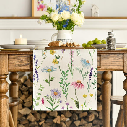 Wildflowers Floral Eucalyptus Spring Table Runner, Seasonal Summer Kitchen Dining Table Decoration for Home Party Decor 13x72 Inch.
