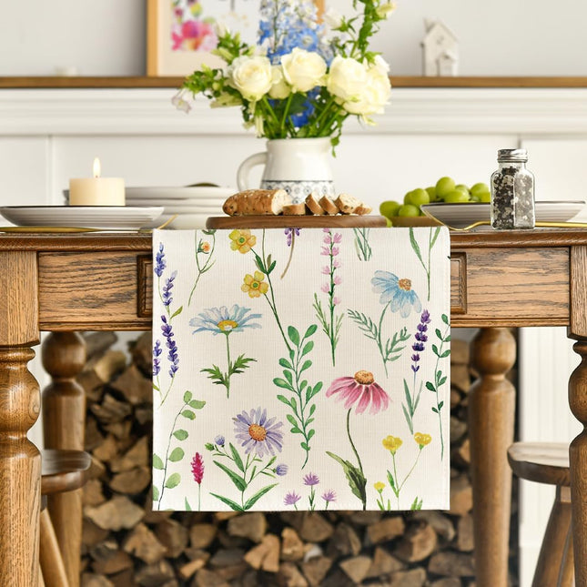 Wildflowers Floral Eucalyptus Spring Table Runner, Seasonal Summer Kitchen Dining Table Decoration for Home Party Decor 13x72 Inch.