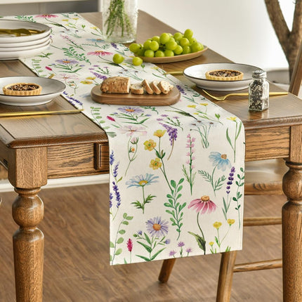 Wildflowers Floral Eucalyptus Spring Table Runner, Seasonal Summer Kitchen Dining Table Decoration for Home Party Decor 13x72 Inch.