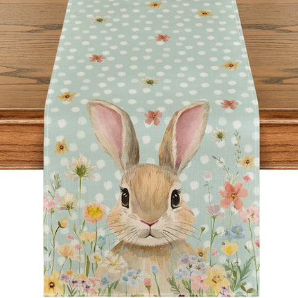 Bunny Rabbit Floral Polka Dot Happy Easter Table Runner,Seasonal Spring Kitchen Dining Table Decoration for Home Party Decor 13x72 Inch.