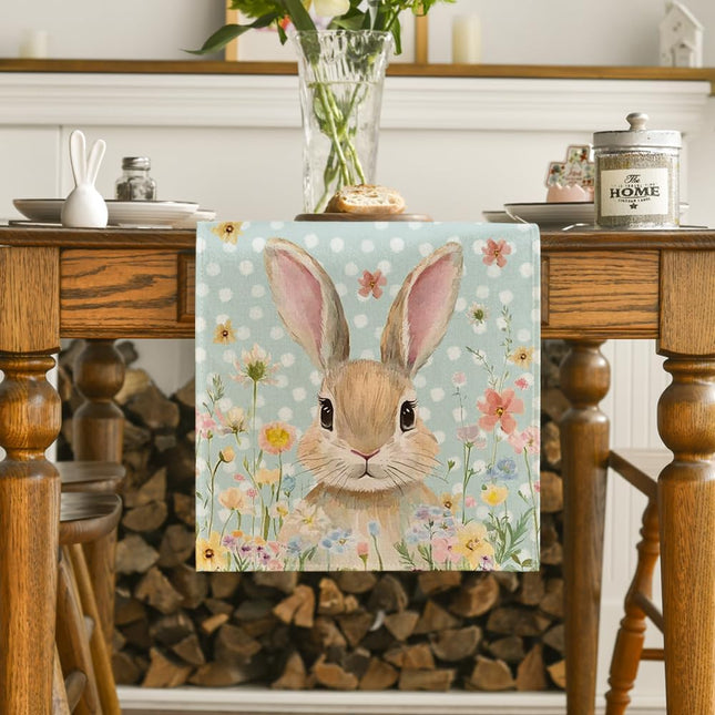 Bunny Rabbit Floral Polka Dot Happy Easter Table Runner,Seasonal Spring Kitchen Dining Table Decoration for Home Party Decor 13x72 Inch.