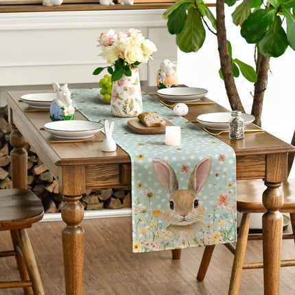 Bunny Rabbit Floral Polka Dot Happy Easter Table Runner,Seasonal Spring Kitchen Dining Table Decoration for Home Party Decor 13x72 Inch.