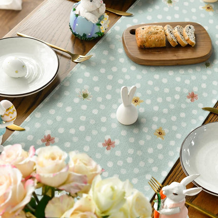 Bunny Rabbit Floral Polka Dot Happy Easter Table Runner,Seasonal Spring Kitchen Dining Table Decoration for Home Party Decor 13x72 Inch.