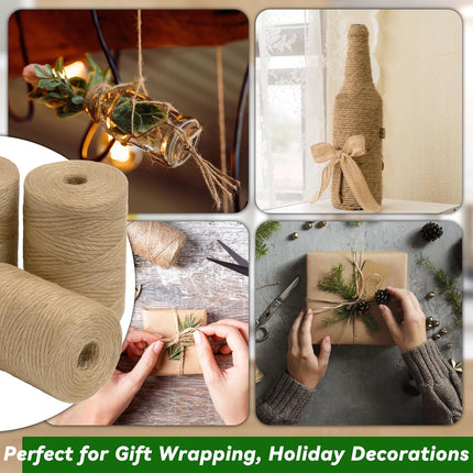 4 Pack Natural Jute Twine String (328 ft Each), 3-Ply Durable Brown Craft Twine for Gardening, Gift Wrapping, Flower Bouquet, Arts & Crafts, Hemp & Burlap String for DIY Projects.