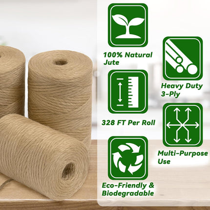 4 Pack Natural Jute Twine String (328 ft Each), 3-Ply Durable Brown Craft Twine for Gardening, Gift Wrapping, Flower Bouquet, Arts & Crafts, Hemp & Burlap String for DIY Projects.