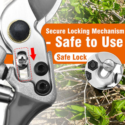 8" Bypass Prunning Shear Garden Scissors, SK5 Sharp Precision Cut Steel Blade Pruner, Blade Lock.