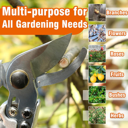 8" Bypass Prunning Shear Garden Scissors, SK5 Sharp Precision Cut Steel Blade Pruner, Blade Lock.