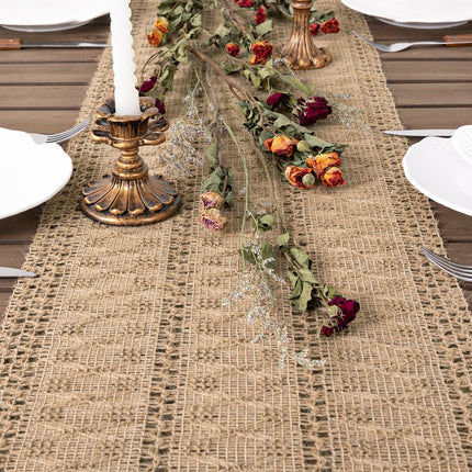 Boho Table Runner Valentine's Day Farmhouse Burlap Jute Bamboo Rustic Dining Kitchen Centerpiece Decor Small Macrame Woven Coffee Table Runner for Dresser Scarf Home Decor 12x36 inch.