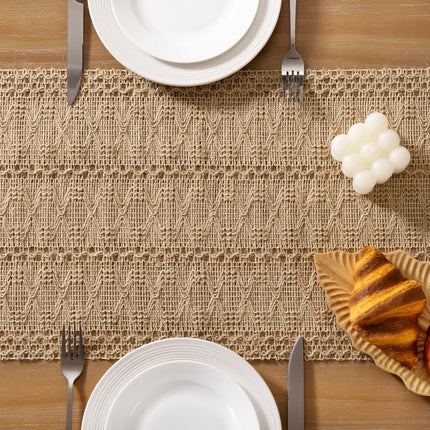 Boho Table Runner Valentine's Day Farmhouse Burlap Jute Bamboo Rustic Dining Kitchen Centerpiece Decor Small Macrame Woven Coffee Table Runner for Dresser Scarf Home Decor 12x36 inch.