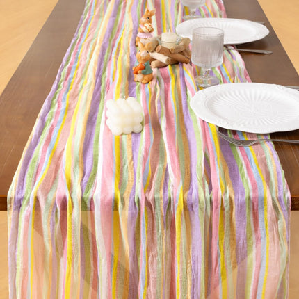 Easter Spring Table Runner Pastel Stripe Floral Cheesecloth Gauze 120 Inch Rustic Boho Cheese Cloth Runner for Wedding Party Baby Bridal Shower Decoration Holiday Home Decorations.