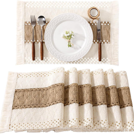 Boho Placemats Set of 6 Washable Cotton Burlap Farmhouse Table Mats Macrame Woven Dinner Table Decor Centerpiece for Party Home Decor.