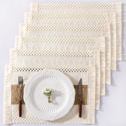 Boho Placemats Set of 6 Washable Cotton Burlap Farmhouse Table Mats Macrame Woven Dinner Table Decor Centerpiece for Party Home Decor.