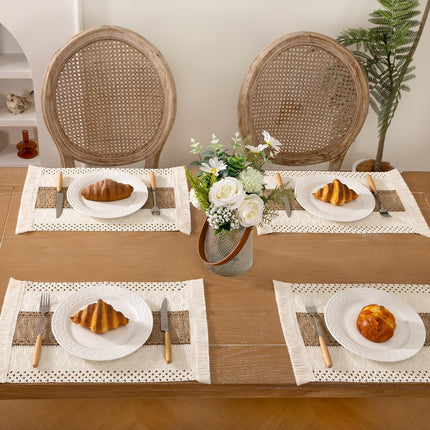Boho Placemats Set of 6 Washable Cotton Burlap Farmhouse Table Mats Macrame Woven Dinner Table Decor Centerpiece for Party Home Decor.