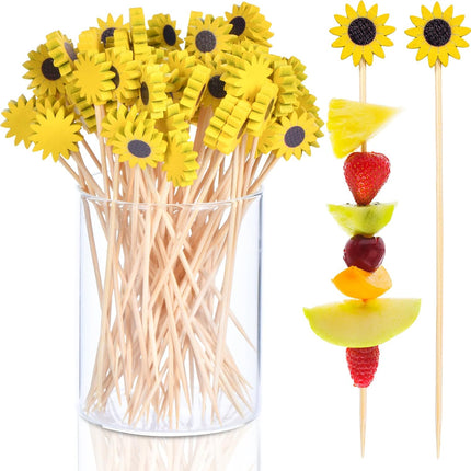 100 Pcs Flower Toothpicks for Appetizers, 4.7 Inch Fancy Cocktail Picks for Party Decoration, Bamboo Appetizer Skewers for Charcuterie Sandwich Burgers Fruit Drinks Party (Yellow).